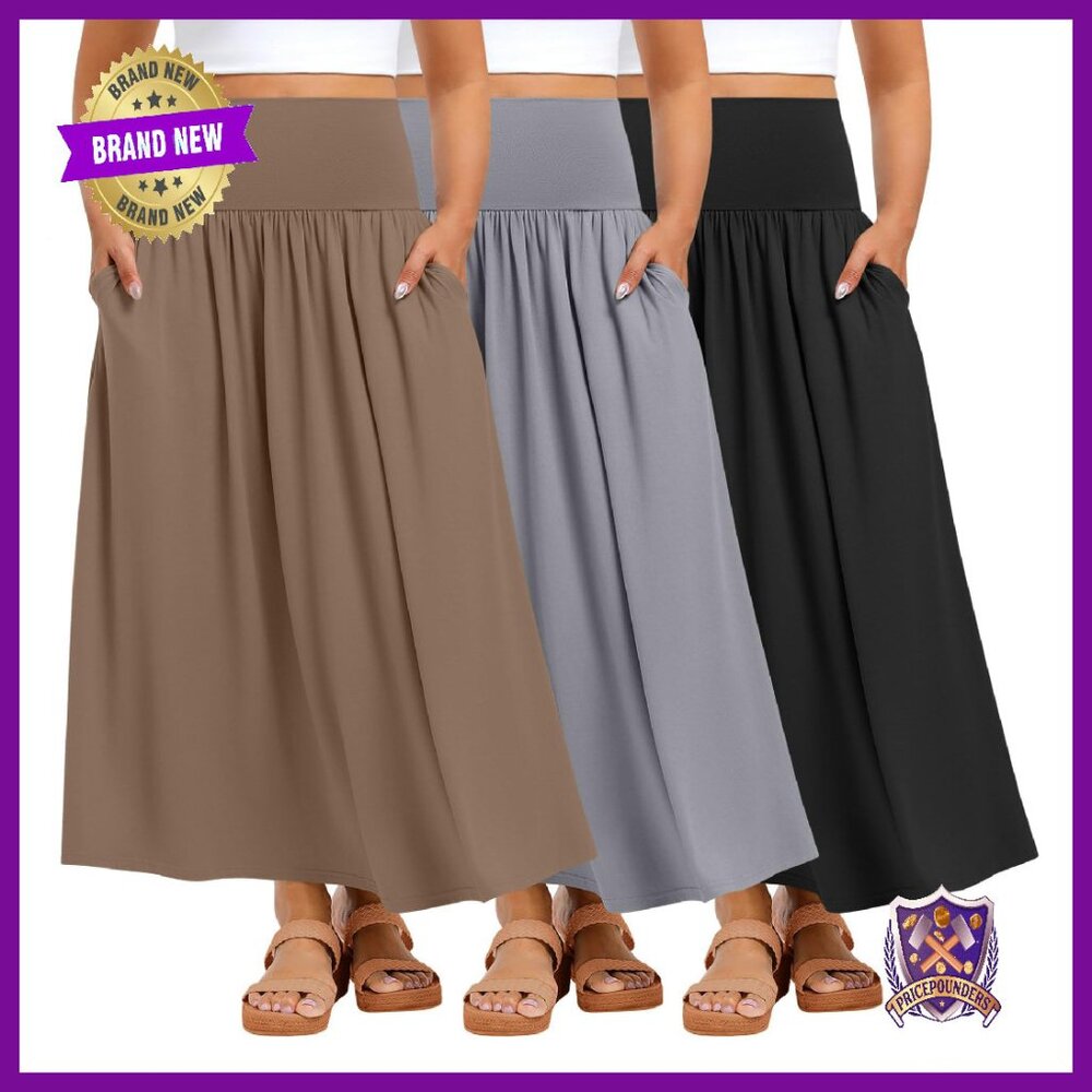 Plus Size Maxi Skirts 3 Pack High Waisted Pleated A Line With Pocket